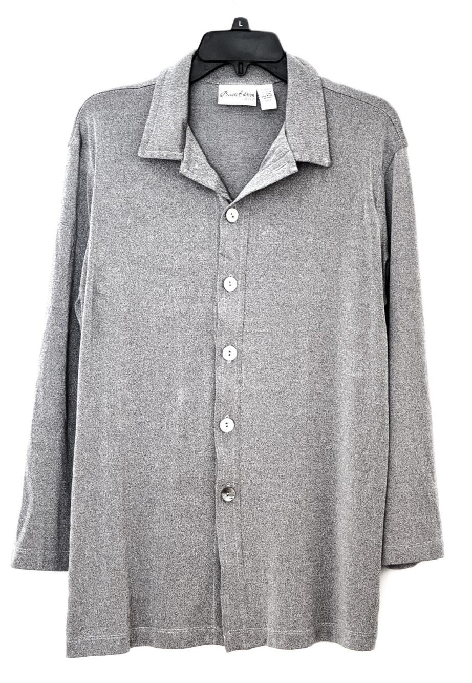 Chico's Private Edition Gray Acetate Knit Button Up Shirt Blouse Top Size 2 L
